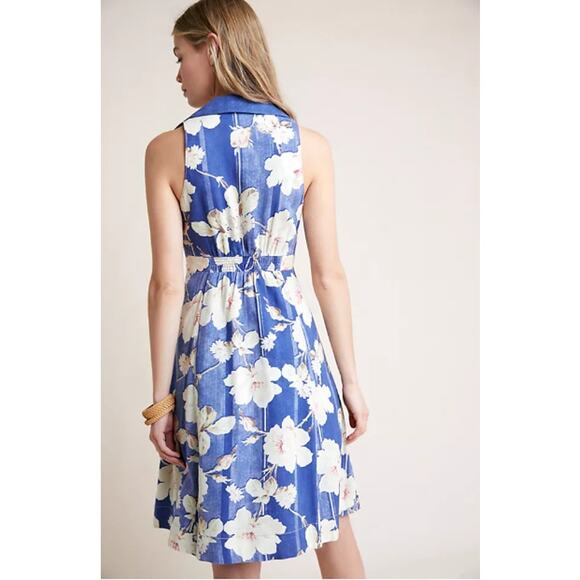 Anthropologie Camellia Collared Dress Blue Floral Button Front Pockets Retro 8 - Picture 2 of 7